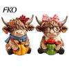 Fine Carving Wood Art 2PCS Highland Cow Ornament, Wooden Rustic Style Figurine, Thanksgiving Home Decoration Theme Art, for Entrance Living Room Decor