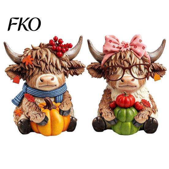 Fine Carving Wood Art 2PCS Highland Cow Ornament, Wooden Rustic Style Figurine, Thanksgiving Home Decoration Theme Art, for Entrance Living Room Decor
