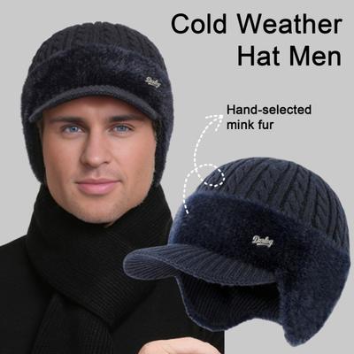 Men Hat 3-in-1 Knitted Baseball Cap with Ear Flaps Imitation Mink Fur Lining Quick-Drying Warm