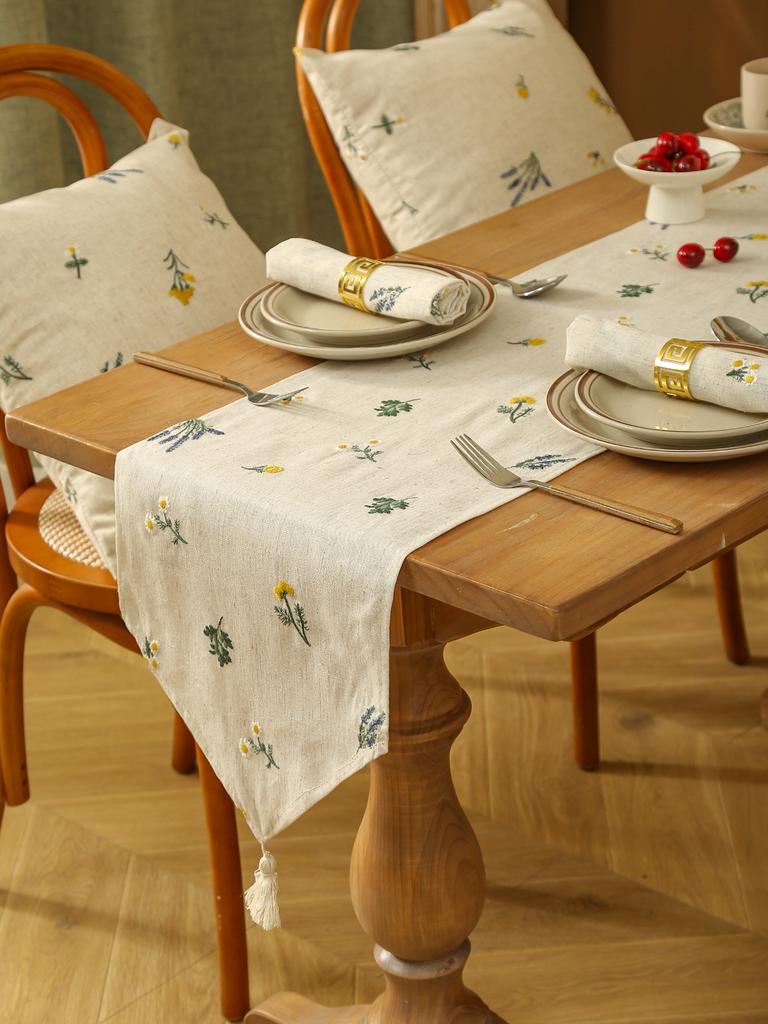 Linnen Tarwe Franje Borduurwerk Puntige Hoek Tafelvlag Rustieke Stijl Tafelloper, Keuken Koffietafel Decoratie