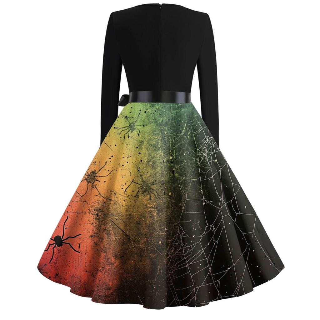 Women's Fashion V-Neck Casual Slim Fit Halloween Printed Long Sleeve Dress