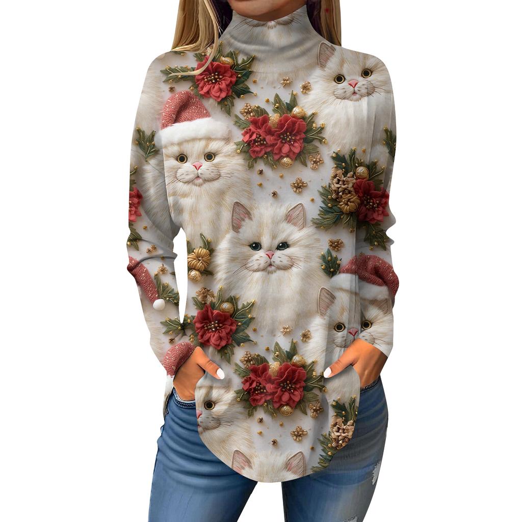 Damen Herbst Casual Langarmshirts Sweatshirt Vintage Bedrucktes High Neck Top Pullover