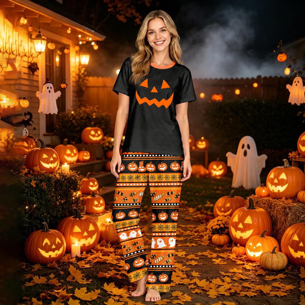 Family Matching Halloween Print Pajama Set Short Sleeve Top and Pants for Parents and Kids