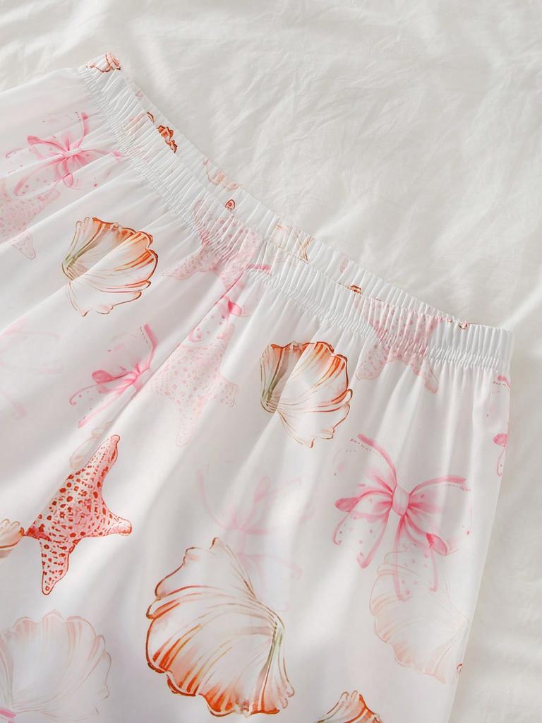 Jugendliche Mädchen Satin Kurzarm Pyjama Set Muschel Seestern Druck Revers Knopf Oberteil & Shorts Seidig Weich Sommer Nachtwäsche für Große Kinder 13-16J