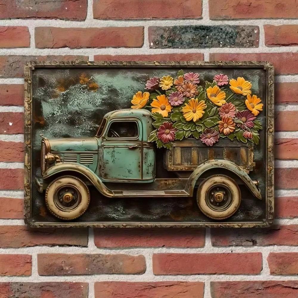 Vintage Blue Truck Metal Tin Sign Rustic Floral Wall Art 1PC