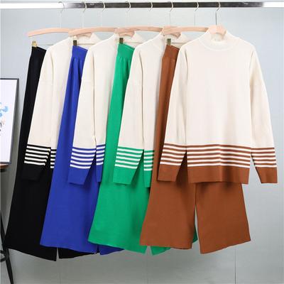 Fall Winter Women's Knitted Pants Suits Half-Neck Striped Sweater Knitted Straight-leg Pants Two Piece Set Contrast Knit Trousers Outfits