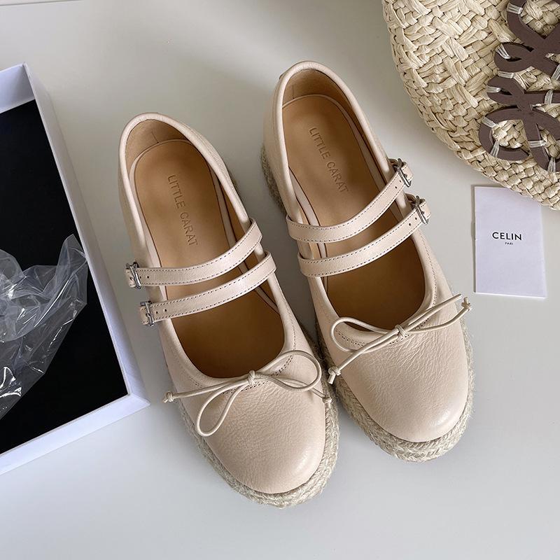 Hemp Woven Sole Belt Buckle Single Shoes Women's Genuine Leather 2025 New Thick Sole One-word Belt Shoes Small Height Increase Fisherman Shoes