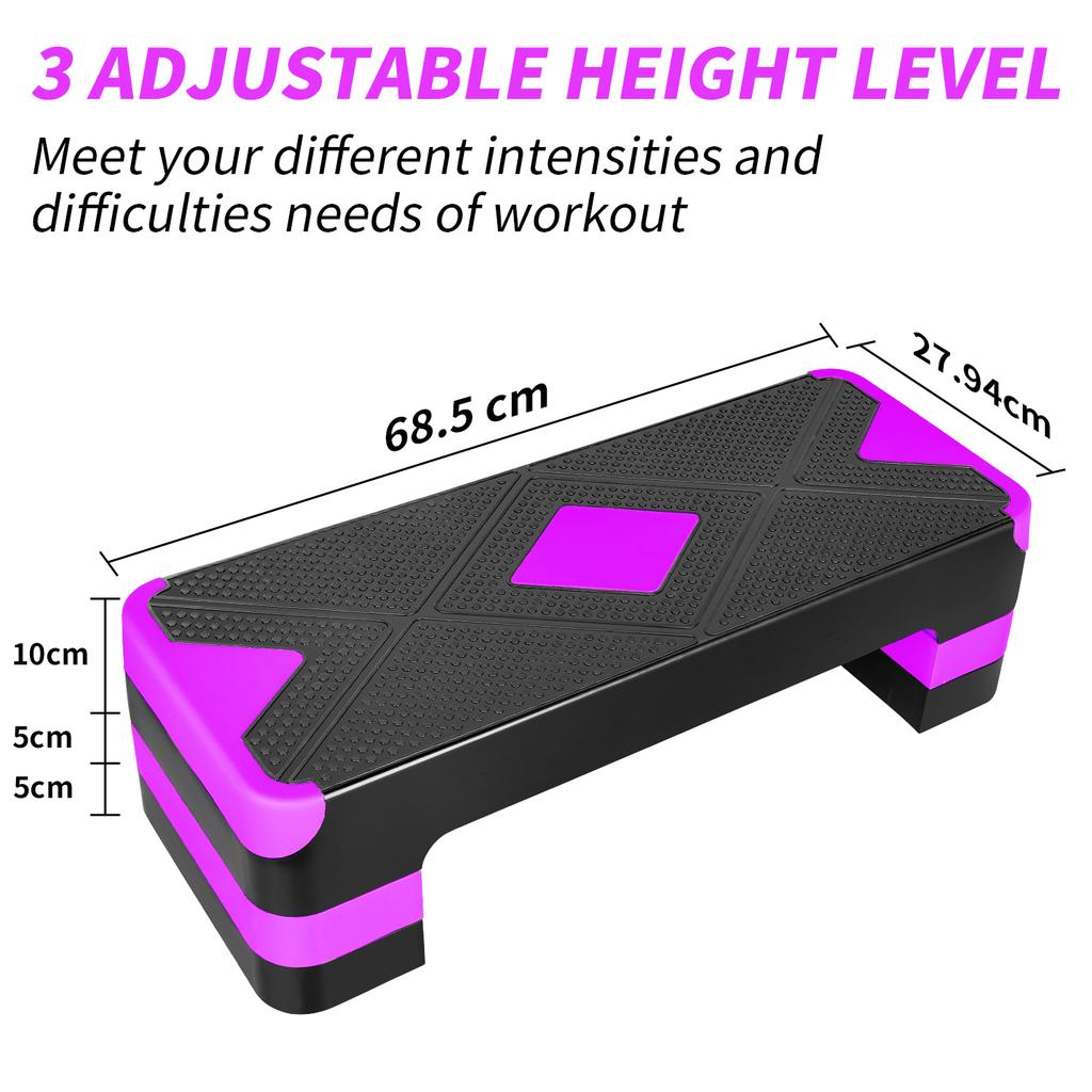 Aerobic Exercise Step Adjustable Stepper Platform for Step Up, 68.5cm/27" Step Deck with 10cm/4",15cm/6",20cm/8" Adjustable Height Risers (Purple)