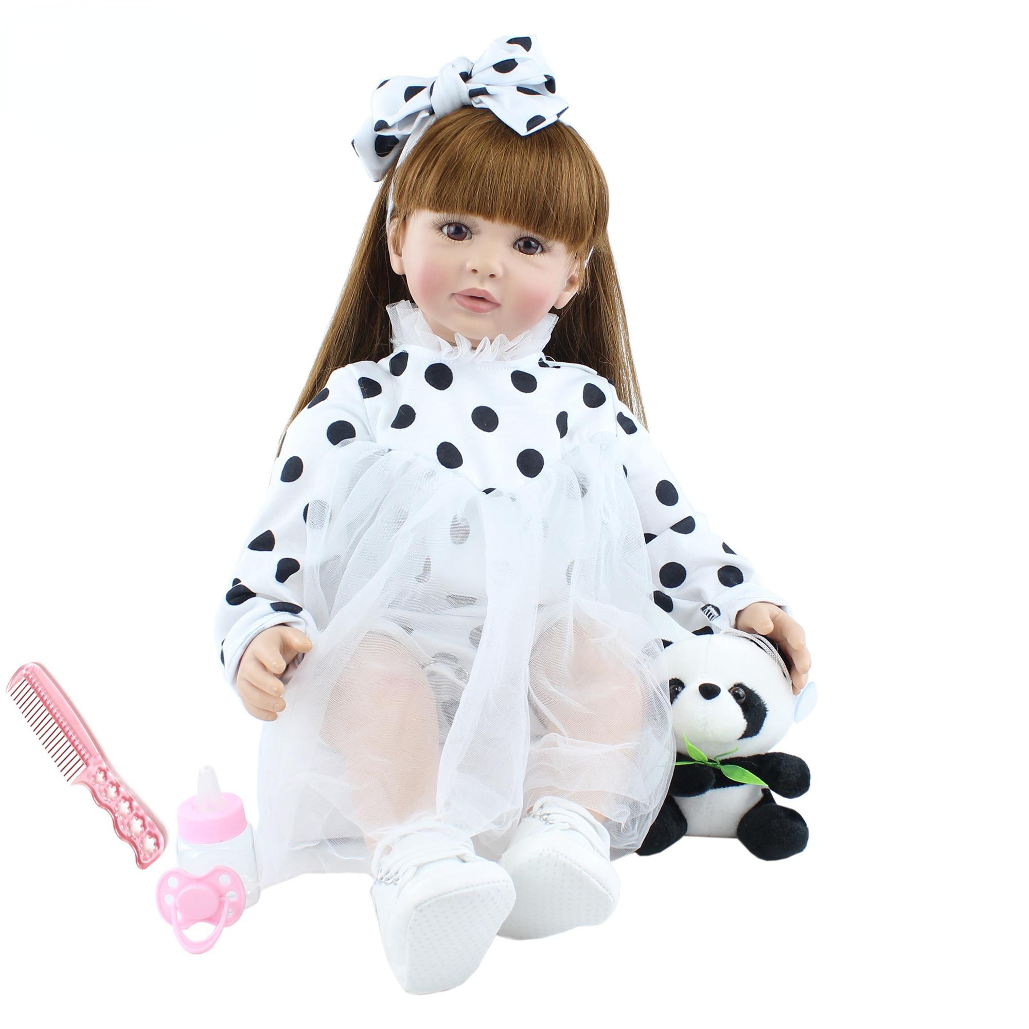 

BZDOLL 60cm Soft Vinyl Reborn Baby Toddler Doll 24inch Lifelike Long Hair Princess Babies Girl Dress Up Bebe cloth body doll