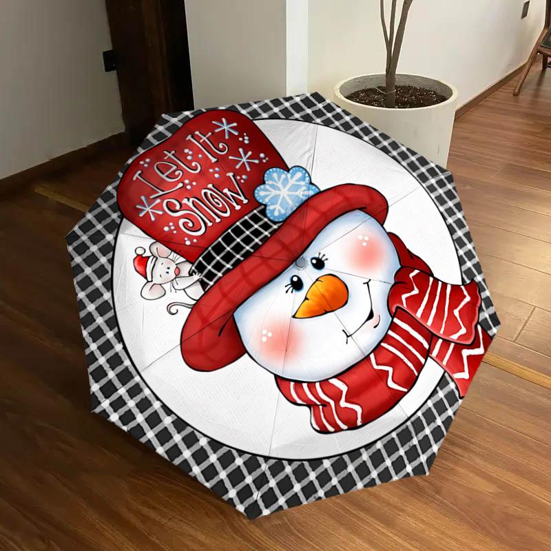 Let It Snow Winter Snowman Design Auto Open Close Umbrella - Foldable 3-Tier Design with 8-Bone Iron Frame, Perfect for Festive Gifts, Trave