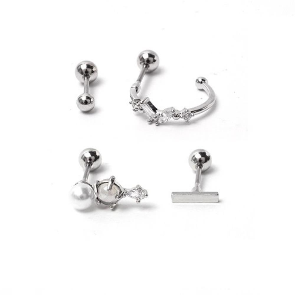 Women's 0.8mm Set of 4 Bar Piercing Cubic Zirconia Earrings