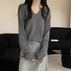 Autumn v-neck solid color knitted sweater long-sleeved t-shirt women's loose and thin sweater casual style sweet and versatile