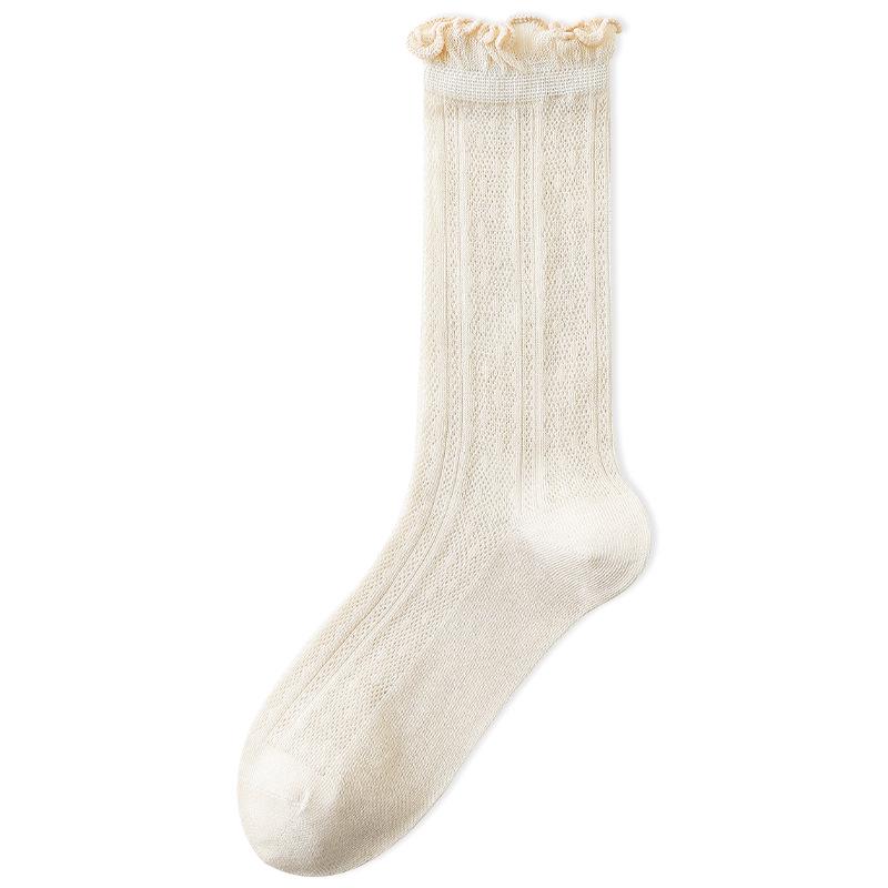 Acheng Women s White Seamless Mesh Socks with Wood Ear Ruffle, Thin Mid-Calf, Miu Ballet Style, Loose, Summer Socks One Size, Seamless Mesh Socks