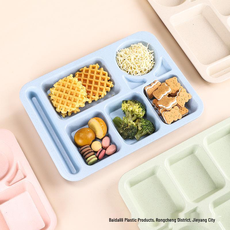 Cross-border Wheat Straw Children's Anti-fall Compartment Dinner Plate for Household or Student Canteen Use.