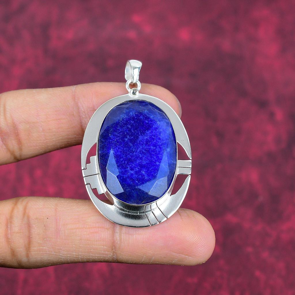 Blue Sapphire Pendant, Handmade Gemstone Pendant, 925 Solid Sterling Silver Pendant Antique Jewelry, For Engagement Gift
