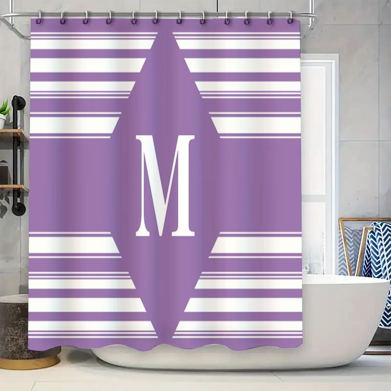 Modern Bath Shower Curtain with Stripes Personalization: Lavender M Purple White Bathroom Decor Monogram Initials Letter Print C 90x180cm