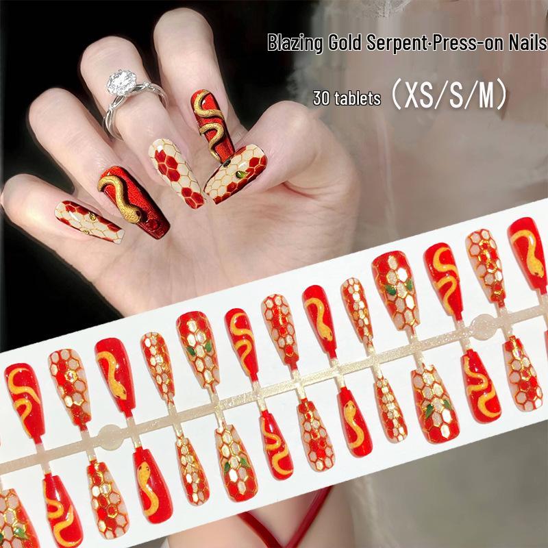 

Luxury Red & Gold Snake Egg Texture Long Press-On Nails for New Year