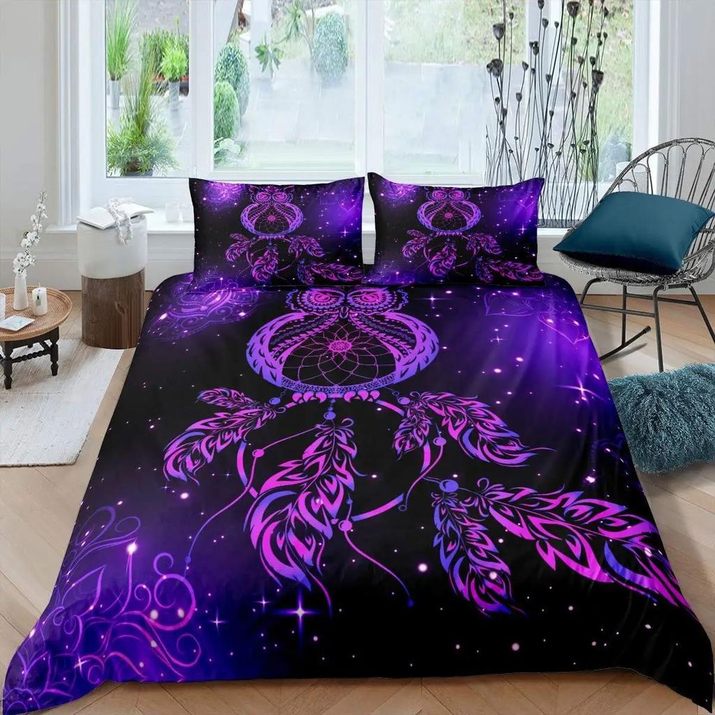Dream Catcher Printed Duvet Set Bohemian Feather Design Bedding Set Three-Piece Set