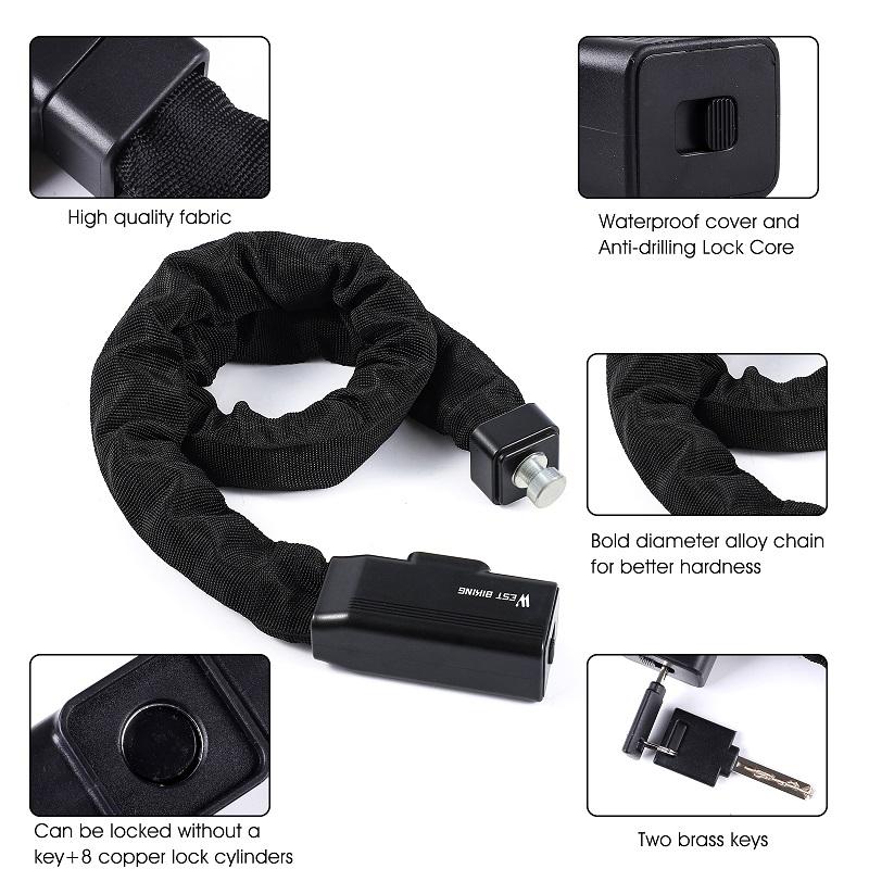 WEST BIKING Candado de Cadena de Alta Seguridad para Bicicleta Portátil Antirrobo para Bicicleta de Montaña MTB Con 2 Llaves Para Patinete Bicicleta Eléctrica