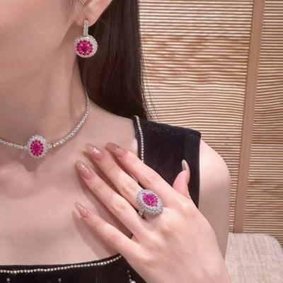 Luxury Women Jewelry Set Neon Dream Full Diamond Red Corundum Necklace Rose Ring Earrings Gemstone