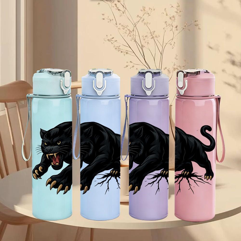 1PC Aggressive Black Panther 750ml Color Plastic Sports Water Bottle Leakproof Flip Straw Lid Suitable for Sports Office Home Use