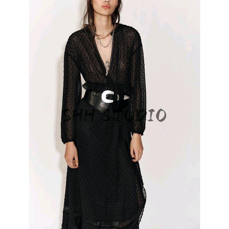 Spring New Women's Clothing Hepburn Style Laminated Decoration Fashion Tulle Long Sleeves V-neck Dress 2207809