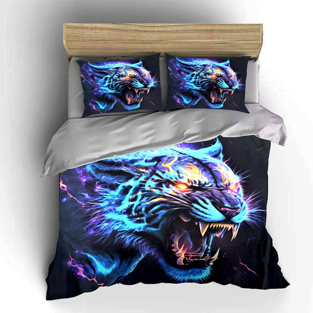 Glowing, Fiery Roaring Tiger. Print Bedding Set 1 Duvet Cover 2 Pillowcases for Adult and Children Luxury Gift Full Size