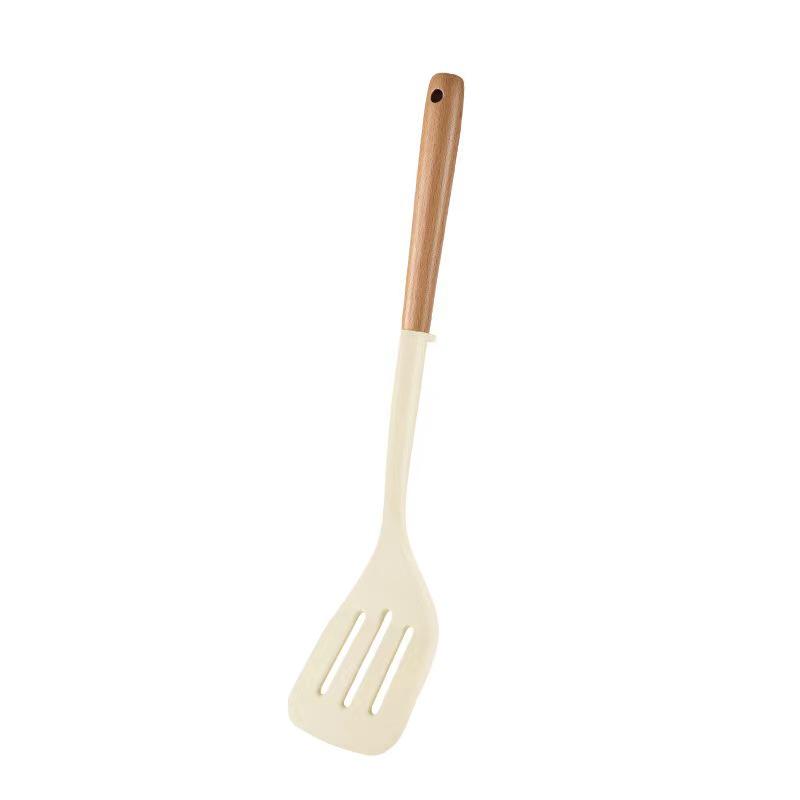 High-Temp Resistant Silicone Spatula Set: Non-Stick Pan Safe, Wooden Handle, Slotted Skimmer, Stand-Up Rice Spoon.