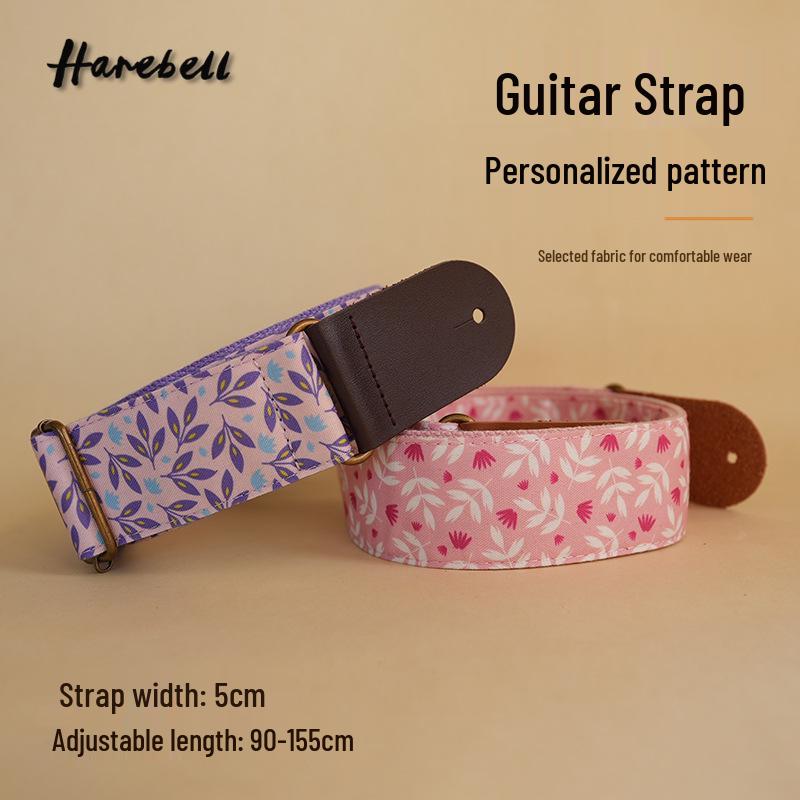 Retro Forest Guitar Strap with Bronze Buckle - Pink/Purple Leaves 031, Pink/White Leaves 032