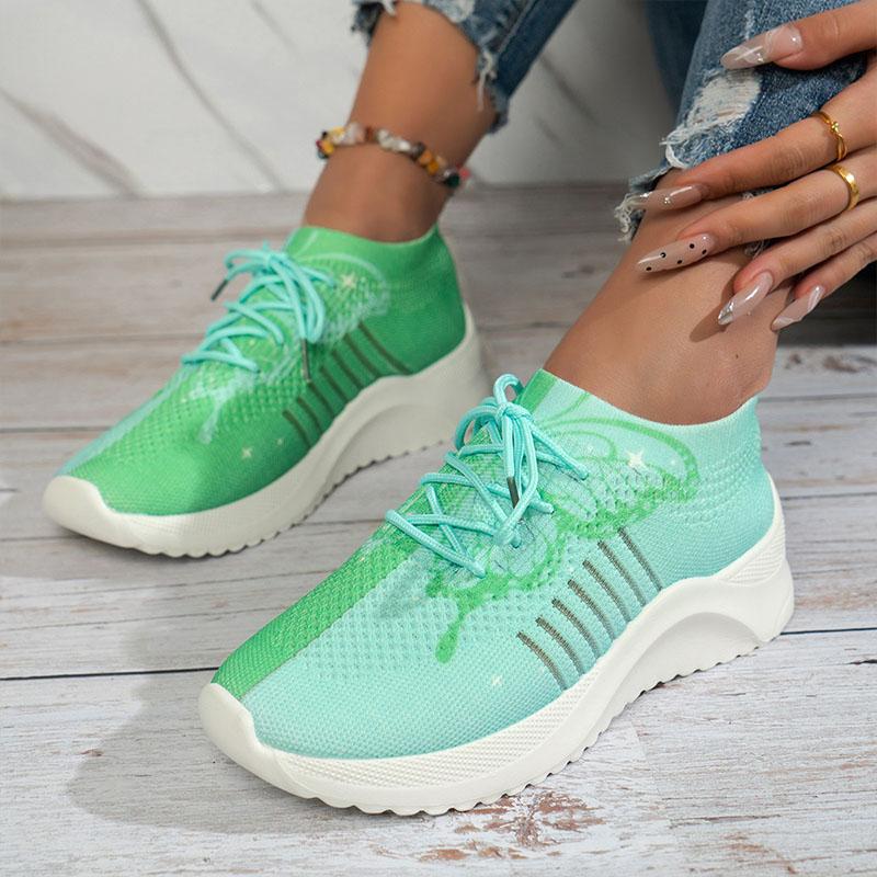 Damen Sneaker Schmetterlingsdruck Sportschuhe Mode Strickstoff Mesh Trainer Weiche Dicke Sohle Walking Jogging Laufschuhe