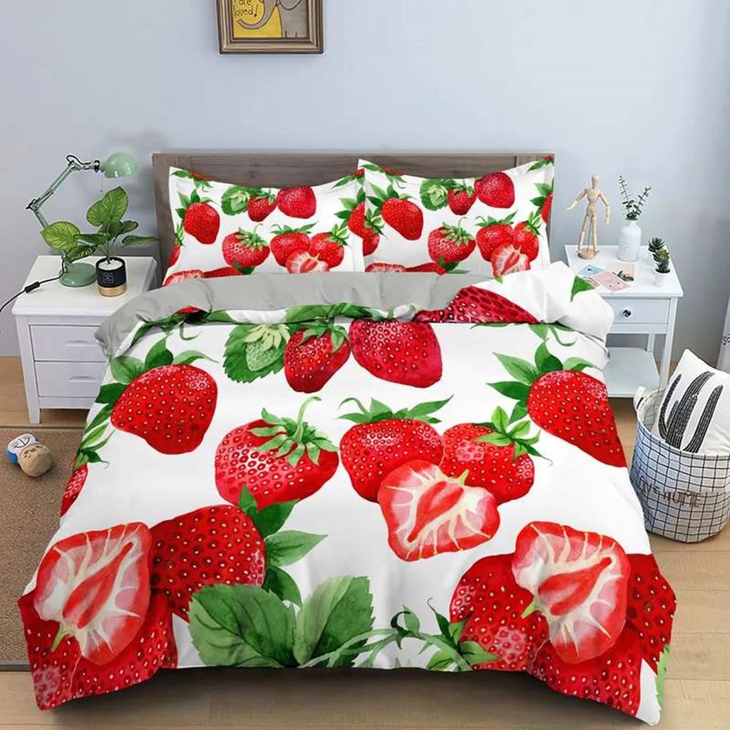 Strawberry Duvet Cover Set Cartoon Pink Fruit Print Comforter Cover Set for Boy Girl Teen Sweet Strawberry Room Decor Bedding