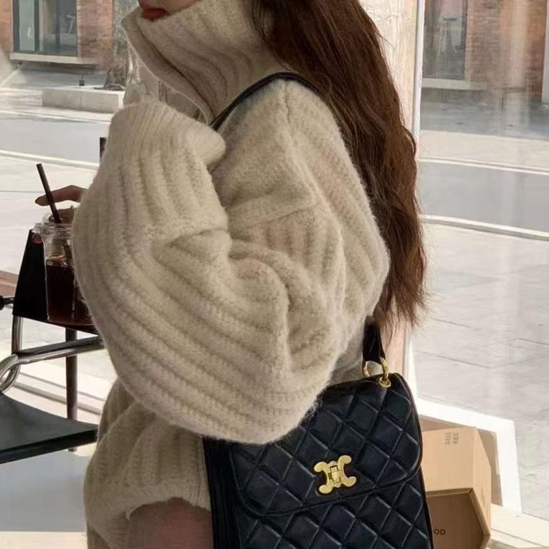 Winter High-neck Pit Strip Soft Waxy Single-breasted Thick-knit Cardigan, Warm, Loose, Simple and Lazy Style Thick Sweater Women