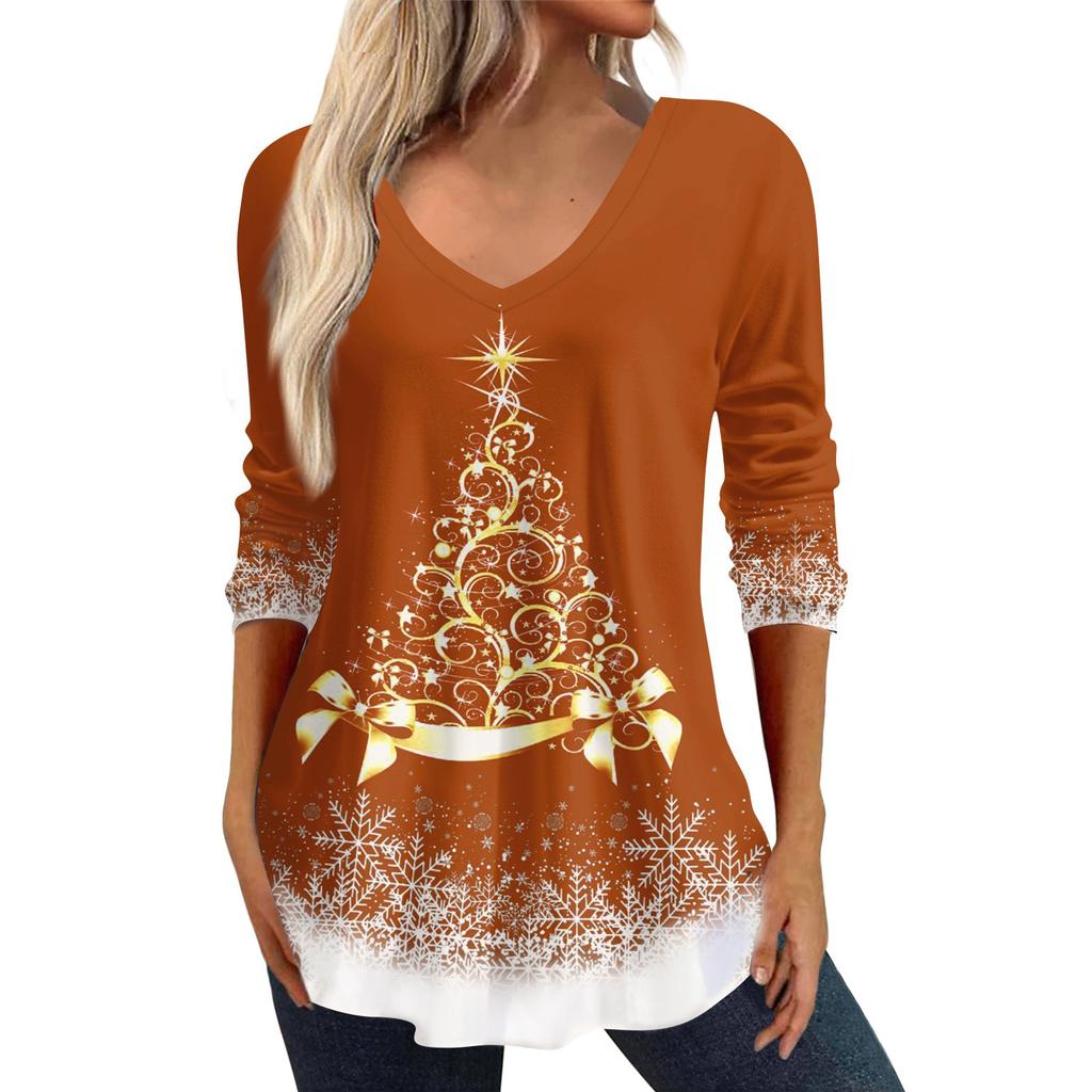3/4 Sleeve Shirts For Women Christmas Print Graphic Tees Blouses Casual Plus Size Basic Tops Pullover