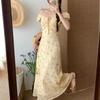 Elegant Floral V-Neck Puff Sleeve Dress for Women - Summer Japanese & Korean Style, Cinched Waist, Slim-Fitting A-Line Long Skirt