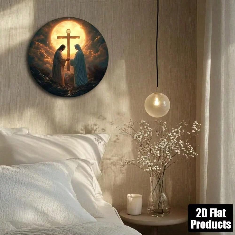 Croix Chrétienne Jésus-Christ Panneau Métallique Art en Fer Blanc Rond Décor Mural Religieux Maison Église Bar Café Man Cave Intérieur Extérieur