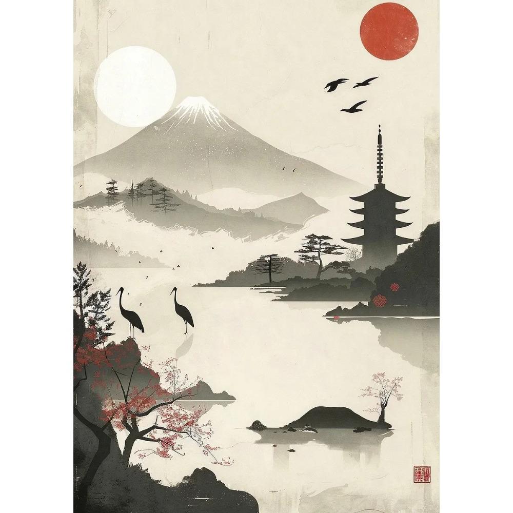 Japanese Vintage Posters Crane Mount Fuji Prints Lake Fishing Lotus Flower Canvas Painting Wall Pictures Home Living Room Decor