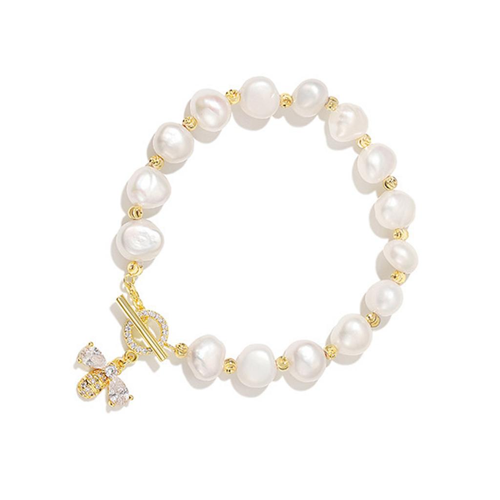 Elegant Imitation Pearls Bracelet for Women Crystal Honeybee Pendant Handchain Adjustable Wristchain Accessory