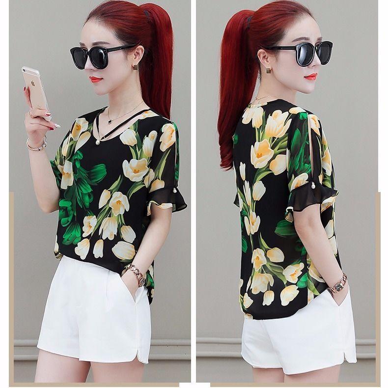 Floral Printing Chiffon Shirt Women's Short Sleeves Blouse Summer New Korean Loose Fashion Bottoming Top M-4XL