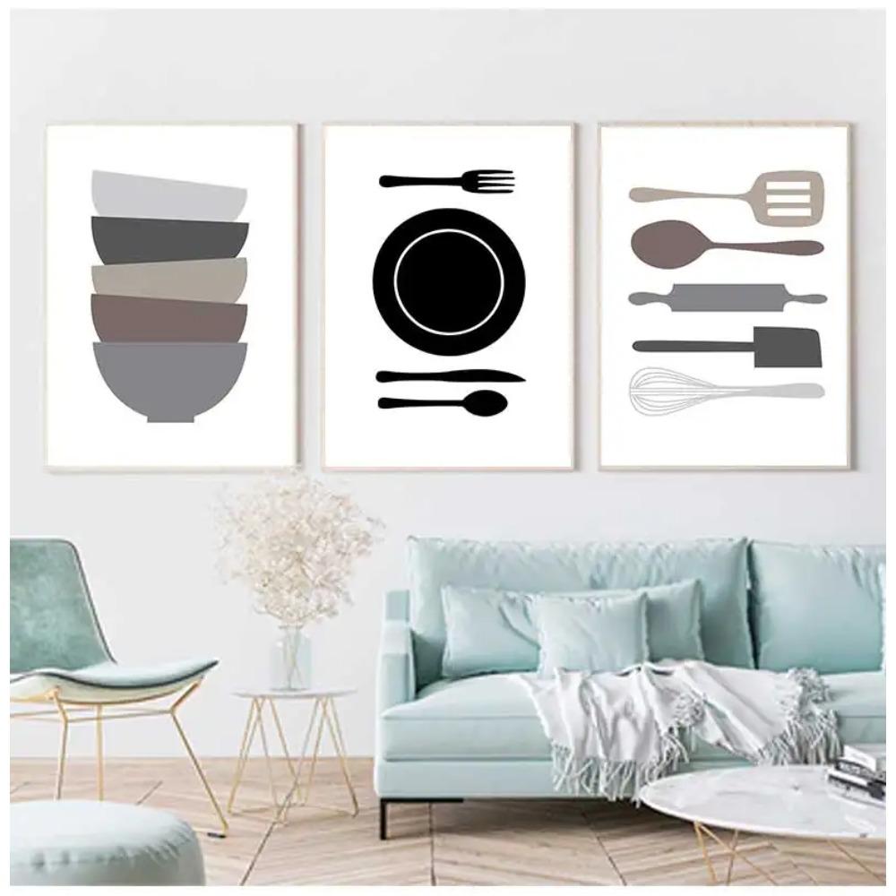 Life Minimalist Poster Picture For Kitchen Home Deco Nordic Wall Art Canvas Print Black And White Cartoon Painting Pop Tableware