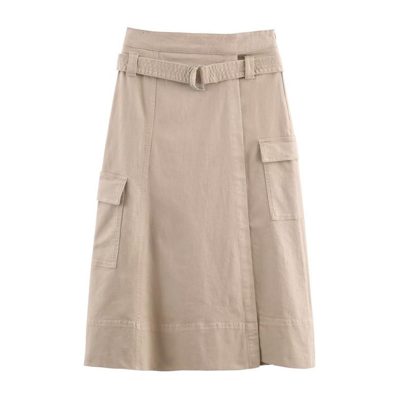 Womens Winter Fashion Belted Cargo Midi Skirt Solid Color Straight Fit Street Style