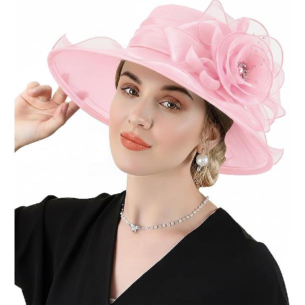 DRESHOW Damen Organza Hut Kirchenkappe Hüte Ausverkauf Kentucky Derby Cocktail Teeparty Hochzeit Blumenhut mit breiter Krempe