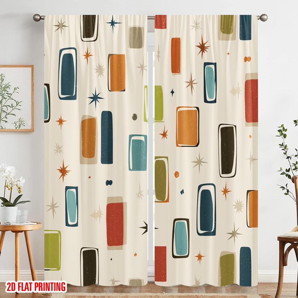 2pcs,2D plane printing Minimalist Curtains Retro Squares Polyester (without rod) Gifts Ldeal for Bedroom Office Kitchen Living