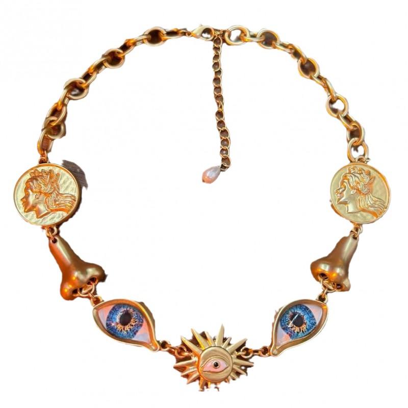 Vintage Devil Eye Necklace Schiaparelli Style Retro Nose Pendant Sweater Chain