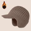 Men Knitted Hat Extended Brim Ear Protection Solid Color Knitting Hat Thickened Plush Lining Winter Warm Hat