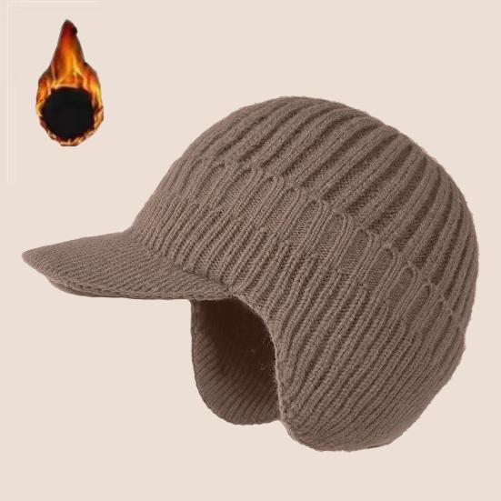 Men Knitted Hat Extended Brim Ear Protection Solid Color Knitting Hat Thickened Plush Lining Winter Warm Hat