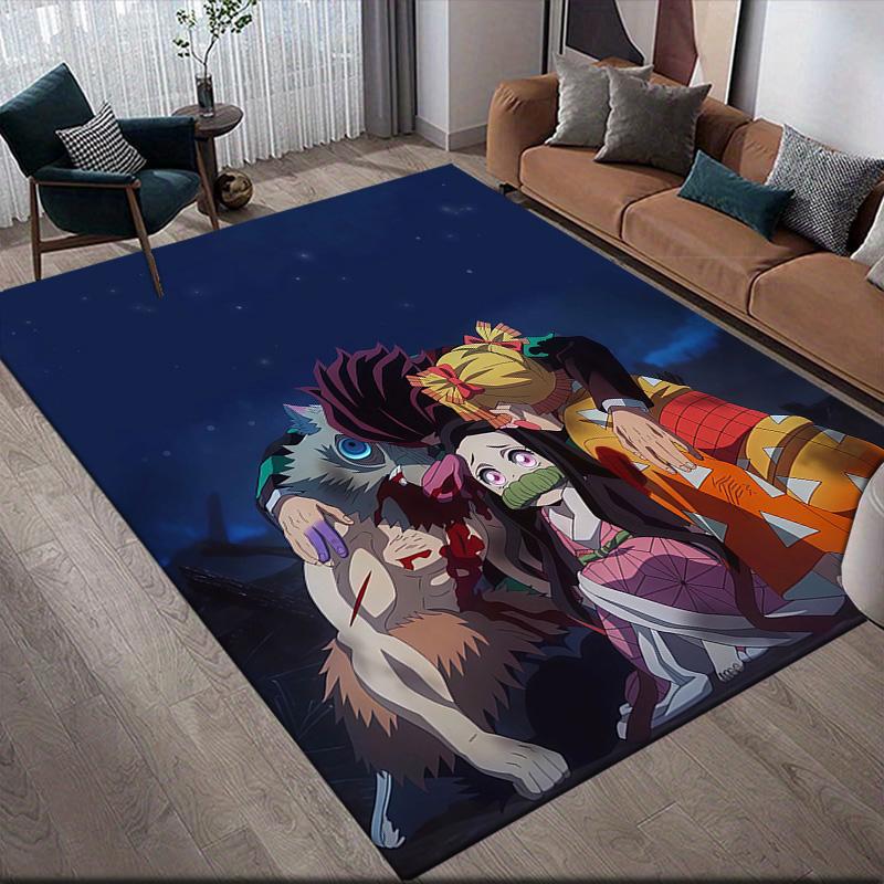 Demon Slayer2 Flannel Pattern Square Carpet,Area Rug,Carpet Rug for Living Room Bedroom Sofa Playroom Decor,Non-slip Floor Mat