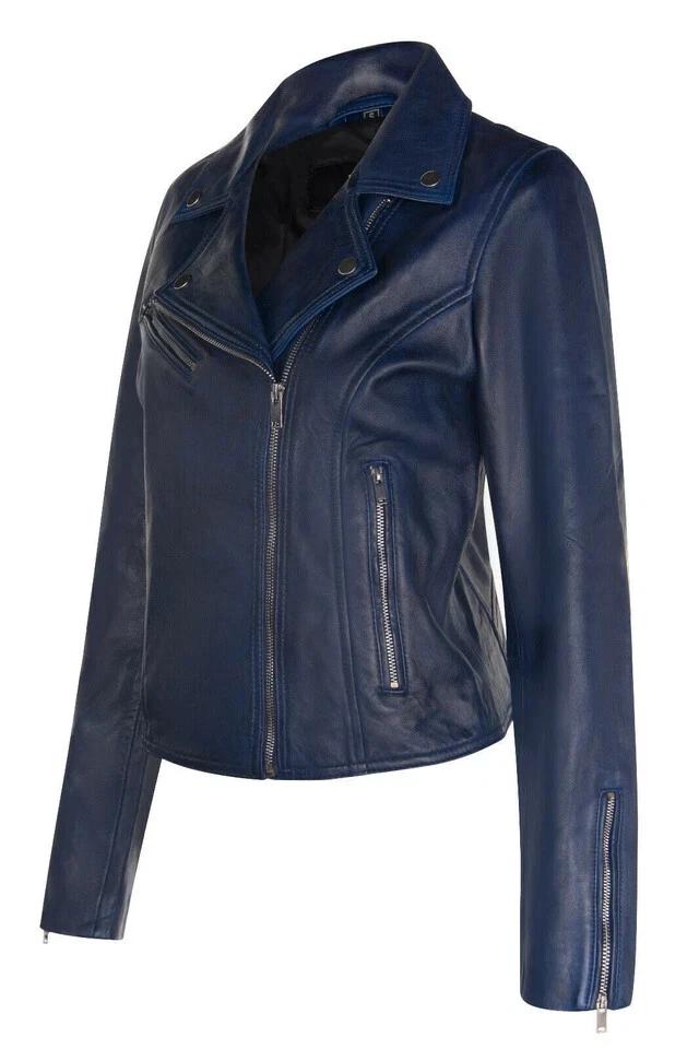New Women's Jacket Navy Blue Handmade Leather Lambskin Stylish Casual Wear Biker