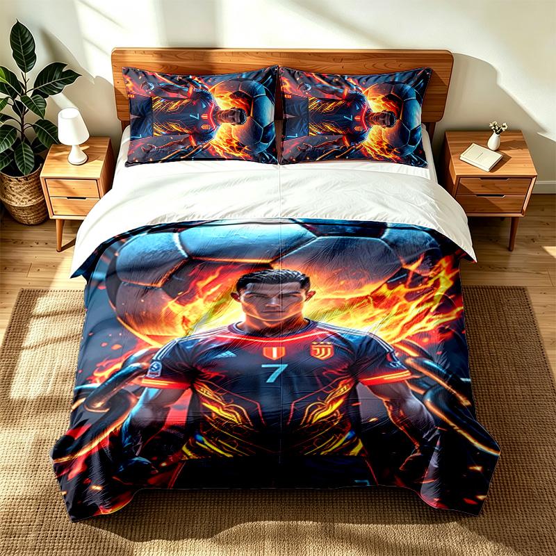 Cristiano Ronaldo (1) 3-teiliges Set geeignet für Schlafzimmer weich und bequem ein ideales Geschenk für Familie und Freunde Enthält eine Bettdecke und zwei