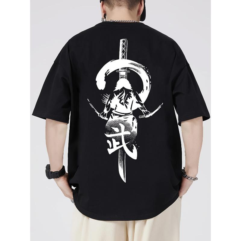 European Size Men'S Trendy Casual T-Shirt Featuring a Dark-Themed Japanese Samurai Sword Print, Breathable Short-Sleeve Top