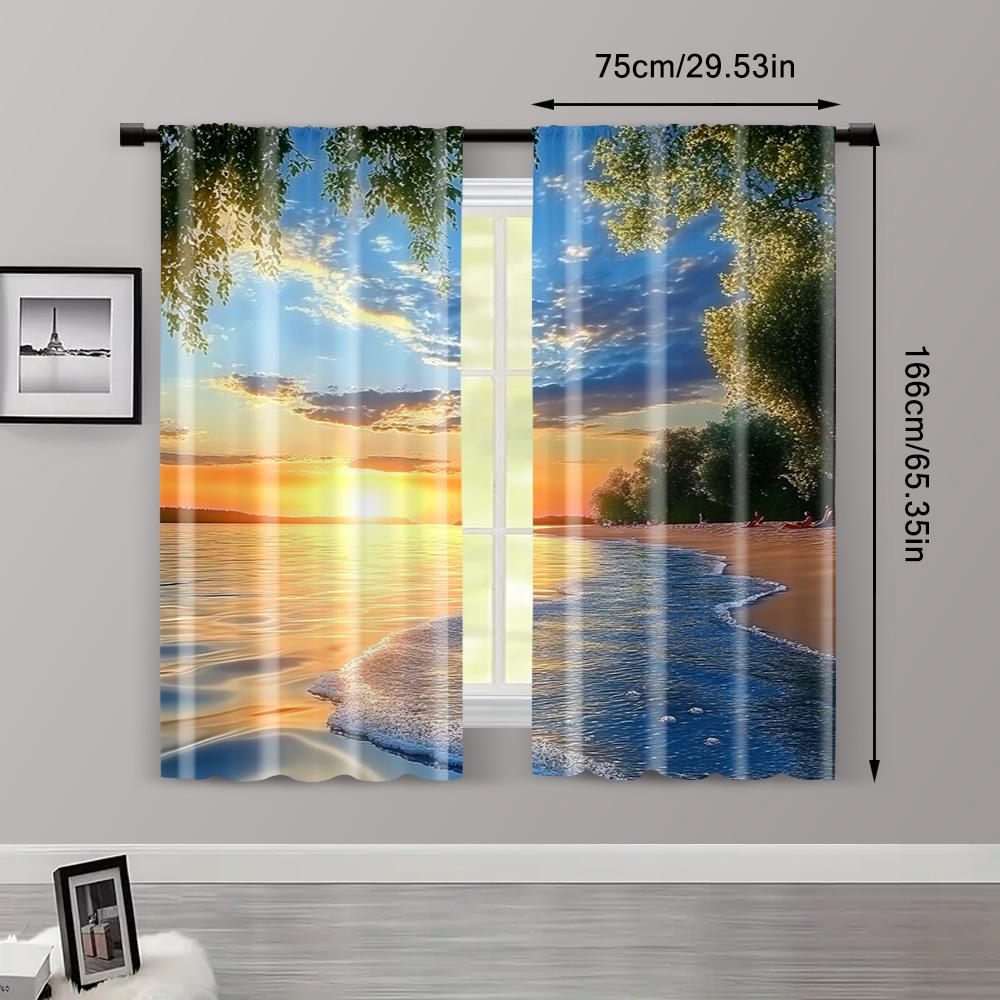 2pcs, Window Curtains Beach Sunrise Sunset Natural Scenery Versatile Polyester Fabric,Without Electricity Family Party Perfect